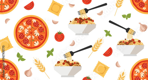 Seamless Flat Vector Pattern of Italian Food with Pizza, Spaghetti, Ravioli, and Fresh Ingredients for Restaurant Branding and Culinary Decor