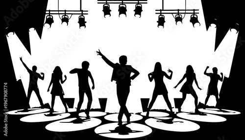 A dance silhouette illustration of people dancing on stage with spotlights