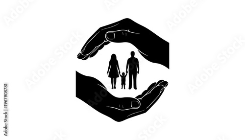 Family protection concept with hands shielding a family silhouette