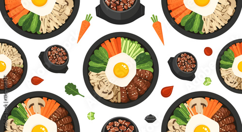 Seamless Flat Vector Pattern of Korean Bibimbap Mixed Rice Bowl with Fried Egg, Vegetables, and Beef for Asian Culinary Branding and Restaurant Decor