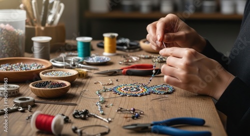 Person crafting jewelry with various tools.