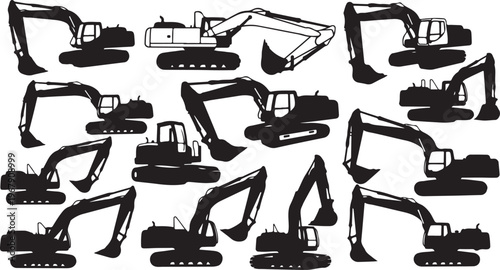 Collection of excavator silhouettes in various positions and angles