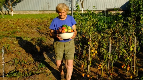 Grandma holds vegetables in the garden. Selective focus. Food.