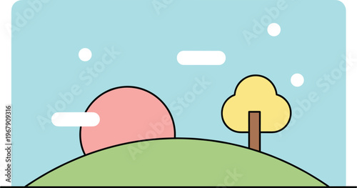 Minimalist Landscape Illustration with Simple Hills, Tree, and Sunset in Pastel Colors for Modern Nature Design