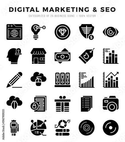 Vector Digital Marketing & SEO types icon set in Glyph style. vector illustration.