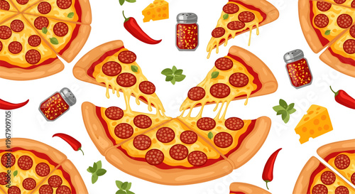 Seamless Flat Vector Pattern of Pepperoni Pizza Slices with Melting Cheese, Chili Flakes, Red Hot Peppers, and Basil for Pizzeria Branding and Fast Food Decor