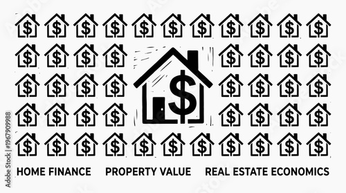 House icons with dollar signs, central property finance symbol, surrounding smaller homes, text labels highlighting real estate economics and value.