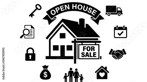 Black-and-white real estate graphic, house with “FOR SALE” sign, open house text, surrounding icons of home buying and property process.
