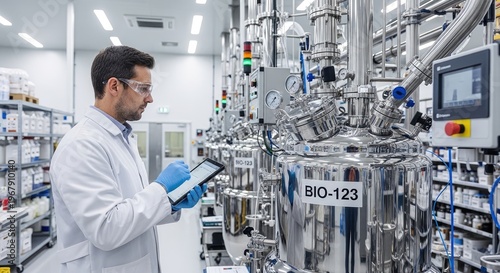 A scientist in a white lab coat and safety glasses examines a large stainless steel bioreactor labeled 
