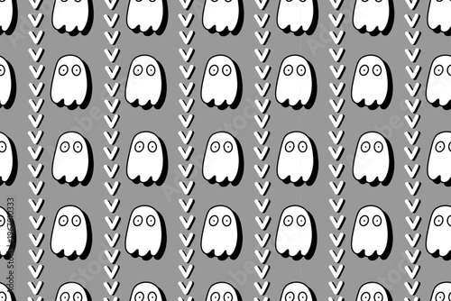 Fun seamless ghost  pattern on  dark gray background. All Saints Day. International Halloween Day. For backgrounds, wallpapers, textiles, packaging or websites.