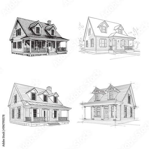 Black and white line of victorian style houses with gables and porches line victorian house