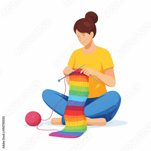 Woman knitting colorful scarf cozy hobby activity