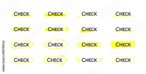 チェックマーカー見出しセット 黄色蛍光ペン強調ライン素材 Check Marker Headline Set Yellow Highlighter Highlight Lines