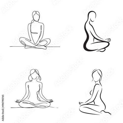 Black and white of four yoga poses in simple line style asanas exercise fitness