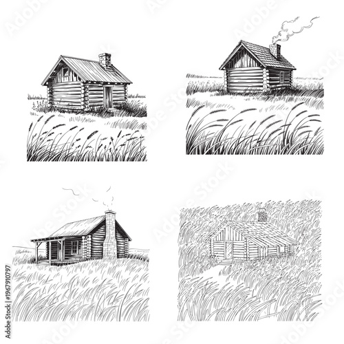 Black and white of rural wooden houses with snow covered roofs