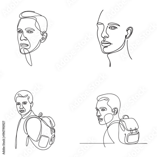 Four black and white line portraits of men with curly hair and beards