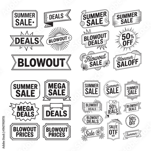 Summer themed sale tags with blowout deals and discount offers in blue and white summer sale