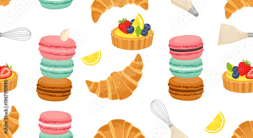Seamless Flat Vector Pattern of French Pastries with Macarons, Croissants, Fruit Tarts, and Baking Tools for Bakery Branding and Sweet Shop Decor