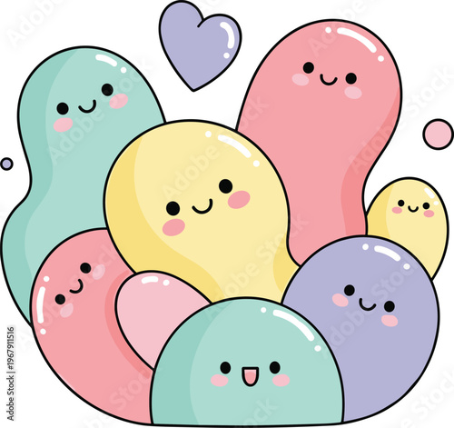 Adorable Kawaii Colorful Blobs with Smiling Faces and Heart Shape for Playful and Cute Digital Art Design