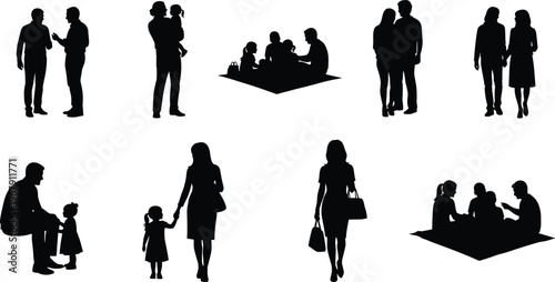 Silhouettes of families and couples enjoying time together in park and at home.