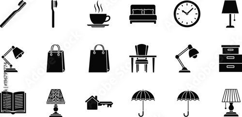 Collection of everyday objects and household items in silhouette.