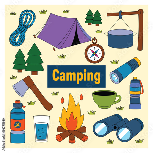 Camping gear and campfire with text tent rope