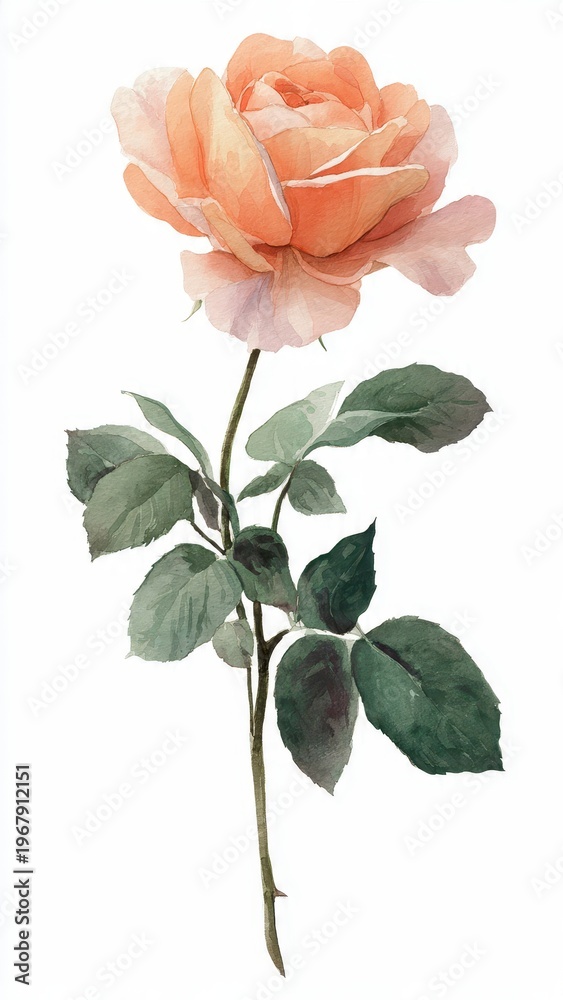 Obraz premium Delicate Peach Rose Flower Stem With Green Leaves Isolated On White Background Botanical Art