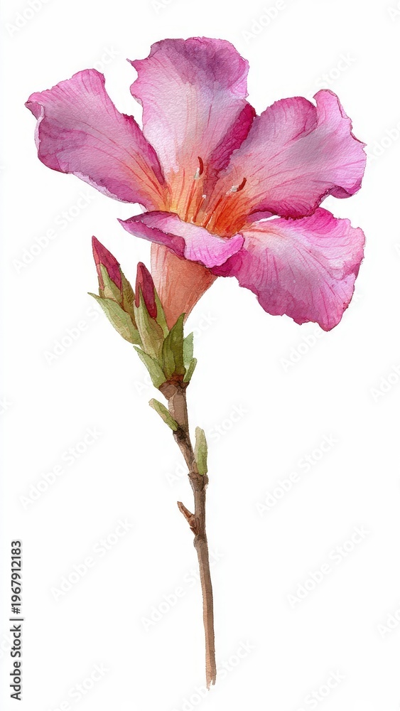 Fototapeta premium Delicate Pink Azalea Flower Blossom with Green Leaves and Buds on White Background Studio Shot