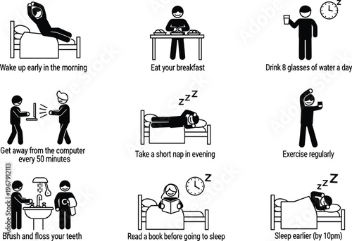 Daily health and wellness routine for healthy lifestyle infographic in black and white.