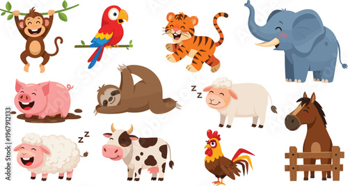 Cartoon Animal Characters Including Monkey, Tiger, Elephant, and Farm Animals for Kids' Illustration and Educational Design