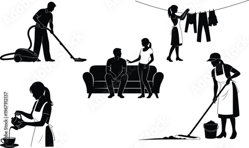 Silhouette of people doing housework and relaxing at home.