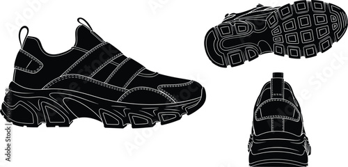 Black silhouette of a modern athletic shoe from three different angles.