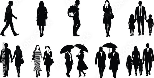 Silhouettes of people walking and holding umbrellas on a transparent background representing urban life.