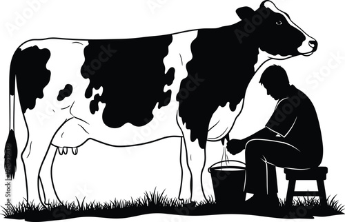 Silhouette of a farmer milking a cow on a transparent background in a rural farm setting.