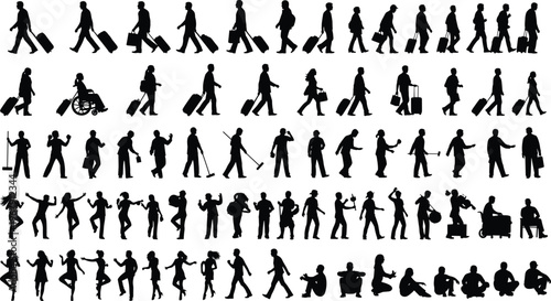 Collection of diverse human silhouettes in various poses and activities on a transparent background.