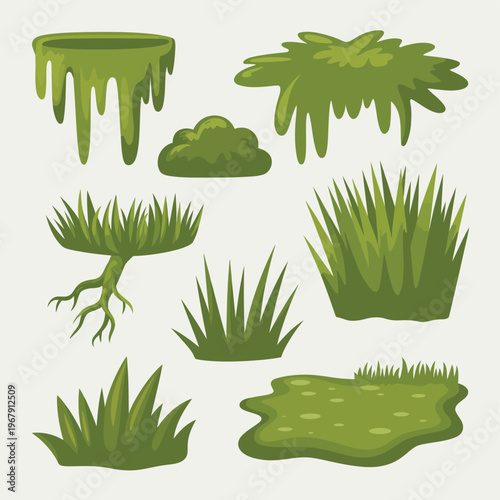 Jungle moss vector set, flat illustrations of hanging and creeping lichen and moss, cartoon-style green forest flora, isolated on white background for nature, rainforest, and botanical design projects