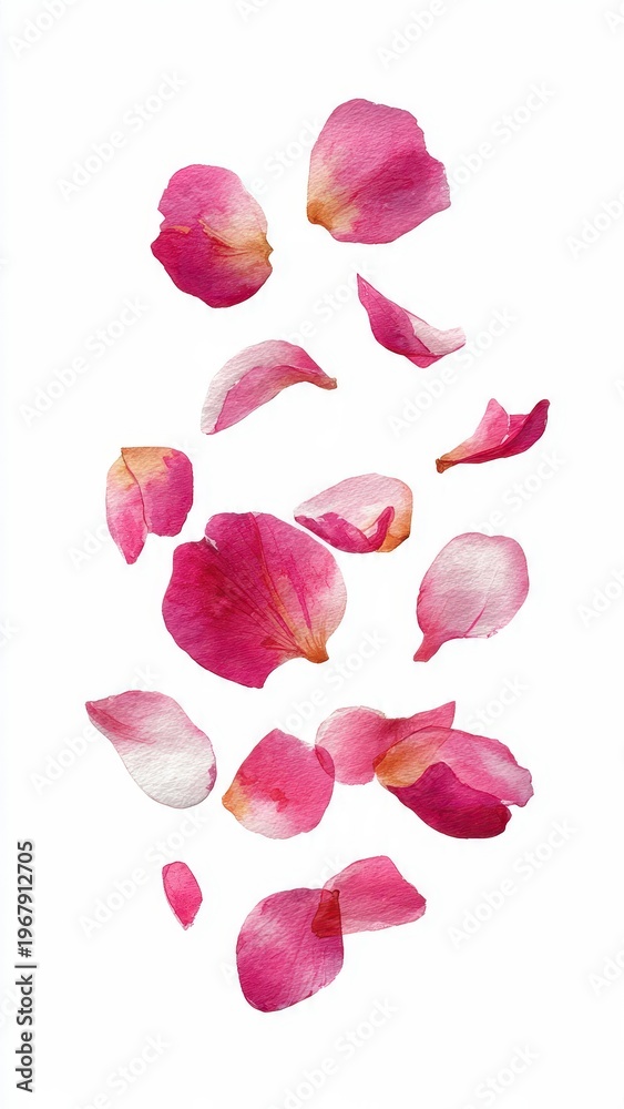 Fototapeta premium Delicate Pink Rose Petals Falling Gracefully Against a Clean White Background Soft Lighting