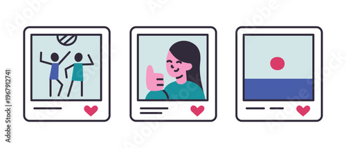 Colorful social media post icons with photo frames, party, girl showing thumbs up and nature images. Likes and comments UI elements, flat cartoon vector illustration, isolated colored clipart set