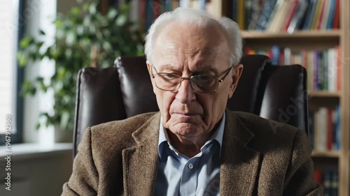 Elderly Man Sitting in Chair with a Serious Expression in a Home Library