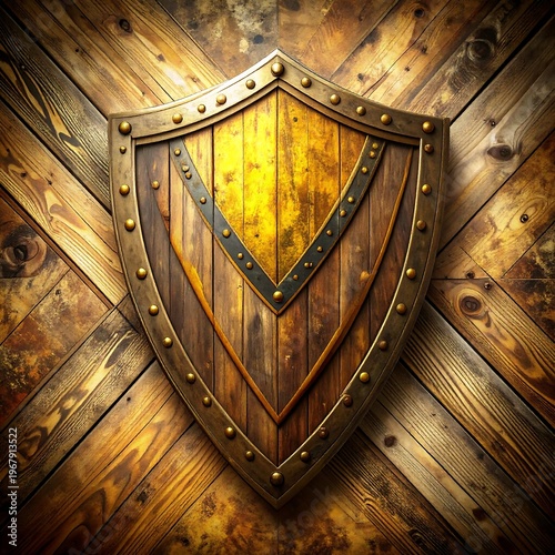 A wooden shield with metal accents on a wooden wall