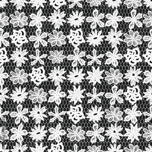 Lace pattern showing delicate white blossoms and intricate mesh, forming a traditional ornamental fabric design suitable for textiles, fashion, wedding themes, and decorative backgrounds