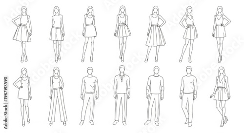 Fashion Croquis Template Vector Female Male Outline Figure Body Design Illustration Set