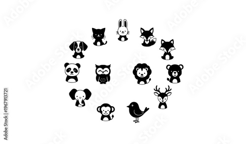 Cute animal silhouette icons in circular layout black and white vector collection with playful proportions