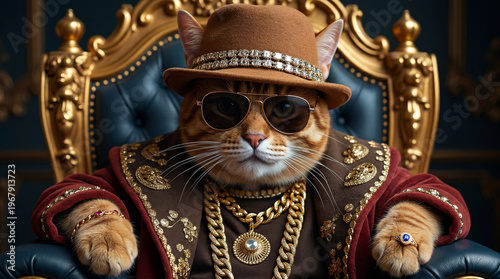 Ginger cat in rich clothes wearing jewelry and sitting on an ornate golden throne