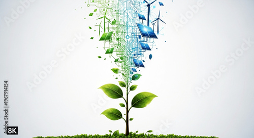 Green energy concept visualizing sustainable future growth with digital technology integration and renewable resources like wind turbines and solar panels emerging