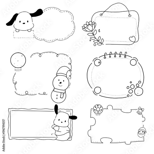 Cute hand drawn doodle frame set, decorative memo pads and speech bubbles with adorable characters for stationery and planner design.