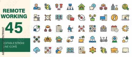 Diverse collection of colorful line icons illustrating remote working concepts, digital communication, and virtual collaboration for modern flexible business environments