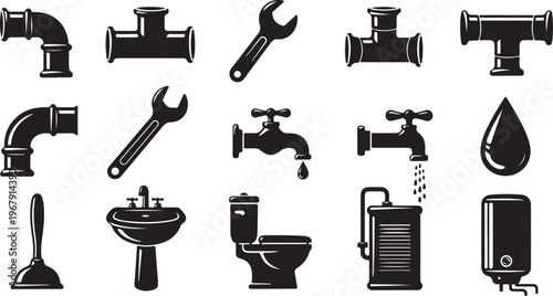 Plumbing tools and fixtures icons set in black and white