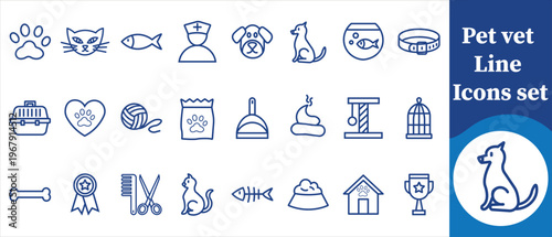 A collection of blue line icons representing various veterinary services and pet related items arranged in a grid pattern high quality professional detailed