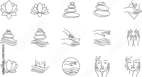 Spa and Wellness Line Icon Set Featuring Lotus Flower, Zen Stones, Water Waves, Yoga Hands and Relaxation Beauty Elements Minimal Vector Collection